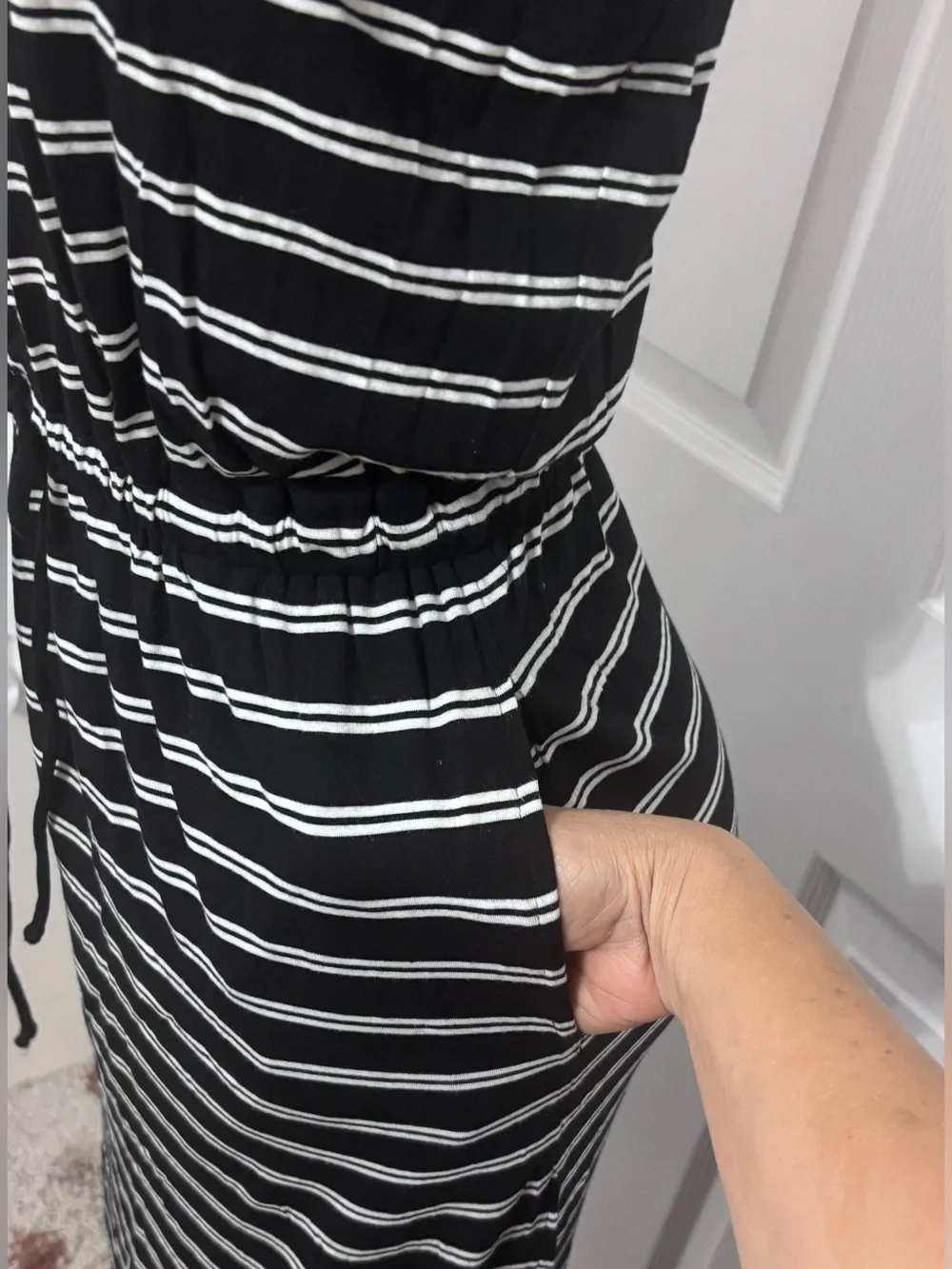 J. Crew Navy and White Strapless Maxi Dress with Slim Tan Belt